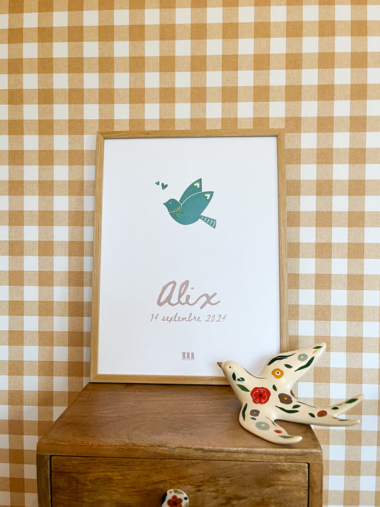 Affiche personnalisée et brodée "oiseau"